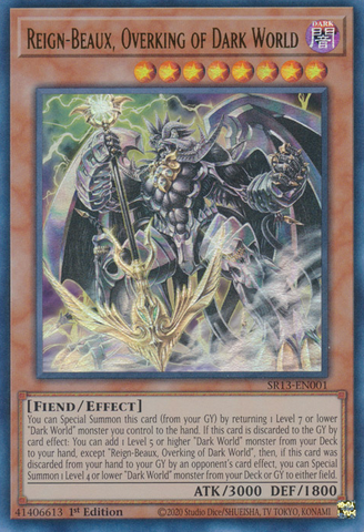 An Ultra Rare "Reign-Beaux, Overking of Dark World" card from the Yugioh Structure Deck: Dark World (SR13).
