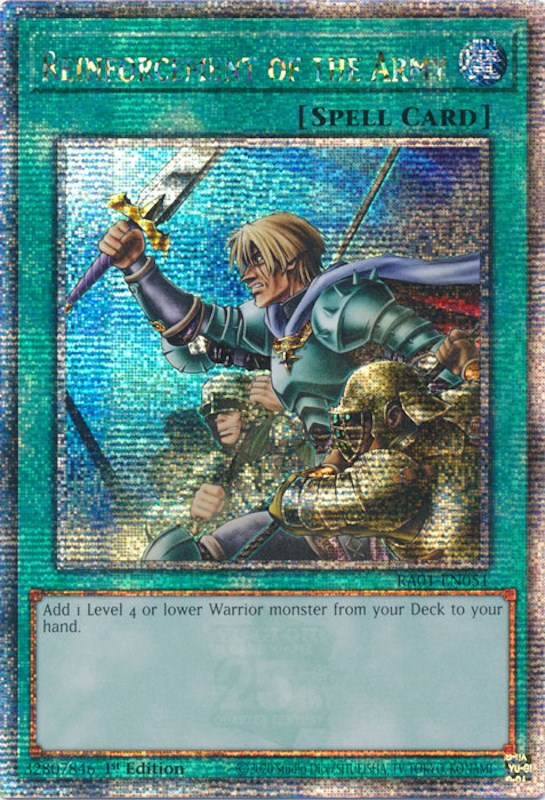 A Quarter Century Secret Rare "Reinforcement of the Army" card from the Yugioh Set: Rarity Collection 1 (RA01).