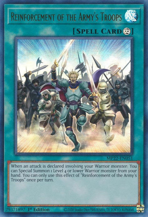 An Ultra Rare "Reinforcement of the Army's Troops" card from the Yugioh 2022 Tin of the Pharaoh's Gods Set (MP22).