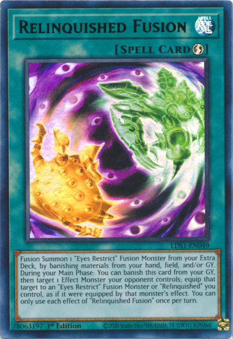 An Ultra Rare Green "Relinquished Fusion" card from the Yugioh Set: Legendary Duelists: Season 1 (LDS1). 