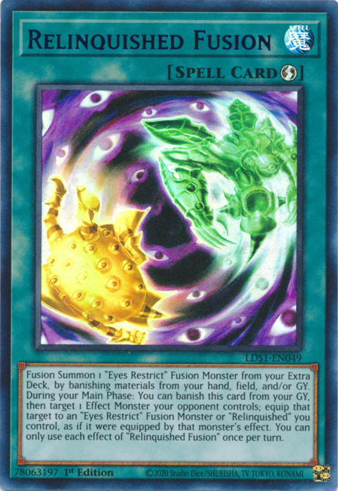An Ultra Rare Purple "Relinquished Fusion" card from the Yugioh Set: Legendary Duelists: Season 1 (LDS1).