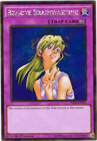 A Gold Rare "Remove Brainwashing" card from the Yugioh Set: Premium Gold: Infinite Gold (PGL3).