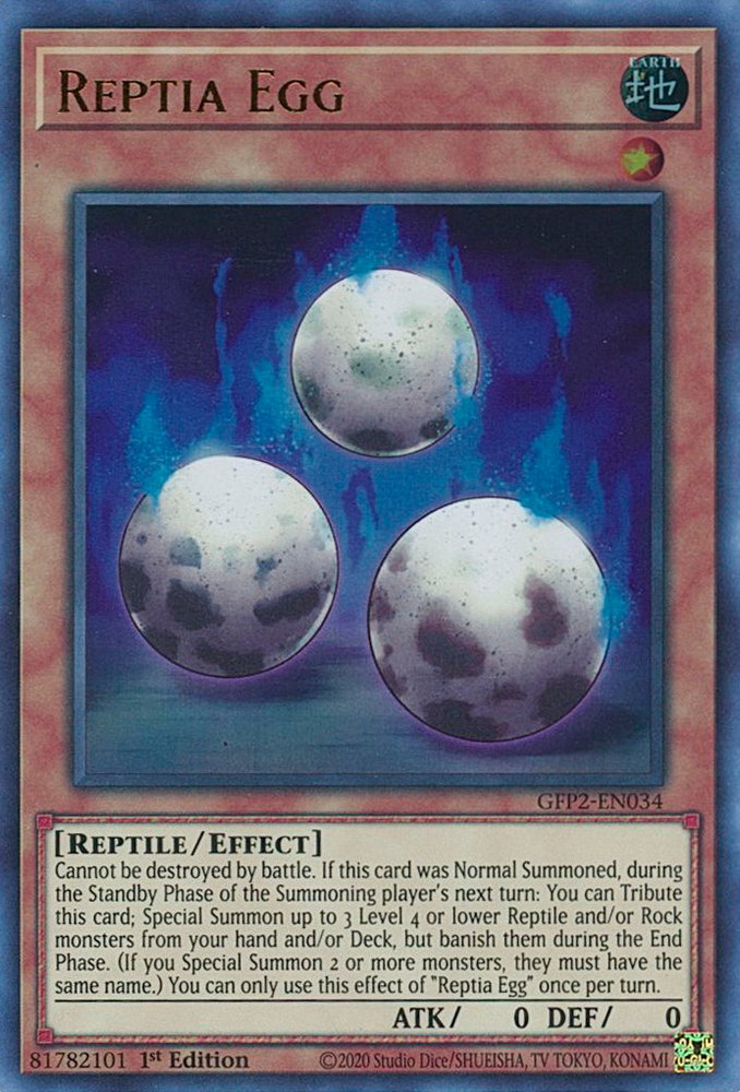  An Ultra Rare "Reptia Egg" card from the Yugioh Set: Ghosts From the Past: The 2nd Haunting (GFP2).