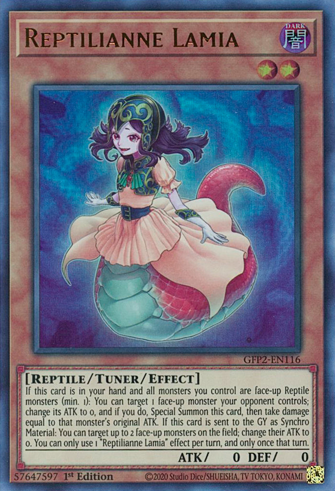 An Ultra Rare "Reptilianne Lamia" card from the Yugioh Set: Ghosts From the Past: The 2nd Haunting (GFP2).