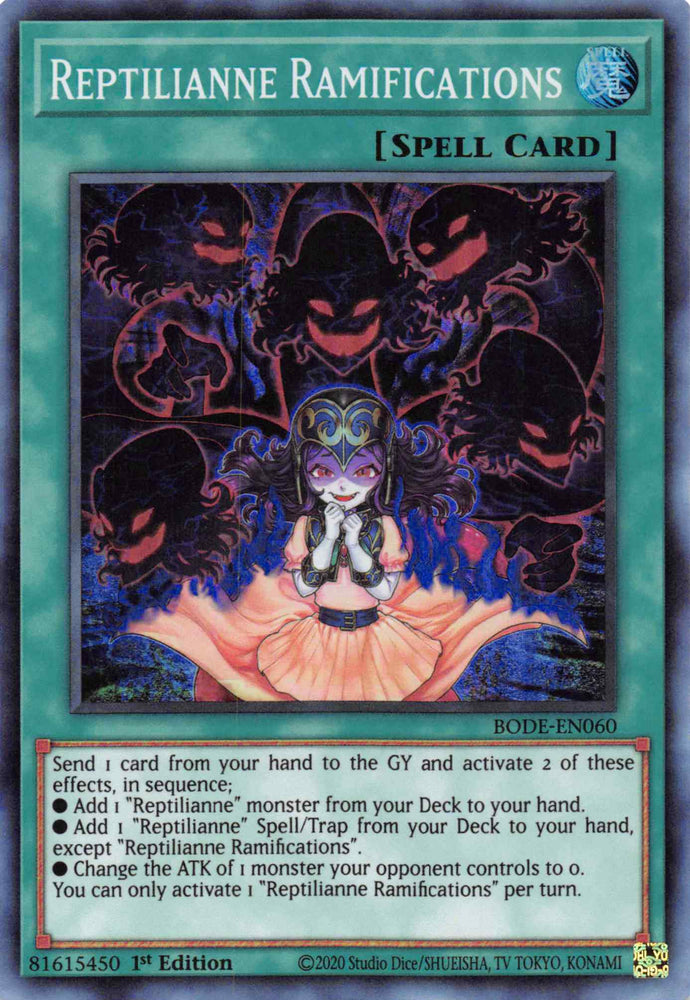  A Super Rare "Reptilianne Ramifications" card from the Yugioh Set: Burst of Destiny.