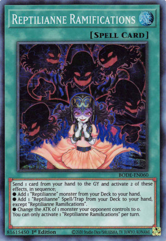  A Super Rare "Reptilianne Ramifications" card from the Yugioh Set: Burst of Destiny.