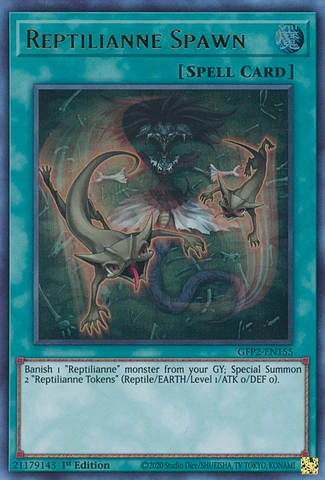  An Ultra Rare "Reptilianne Spawn" card from the Yugioh Set: Ghosts From the Past: The 2nd Haunting (GFP2).