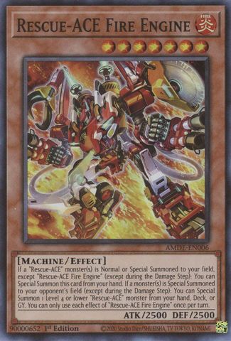 A Super Rare "Rescue-Ace Fire Engine" card from the Yugioh Set: Amazing Defenders.