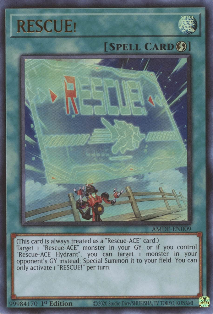 An Ultra Rare "Rescue!" card from the Yugioh Set: Amazing Defenders.