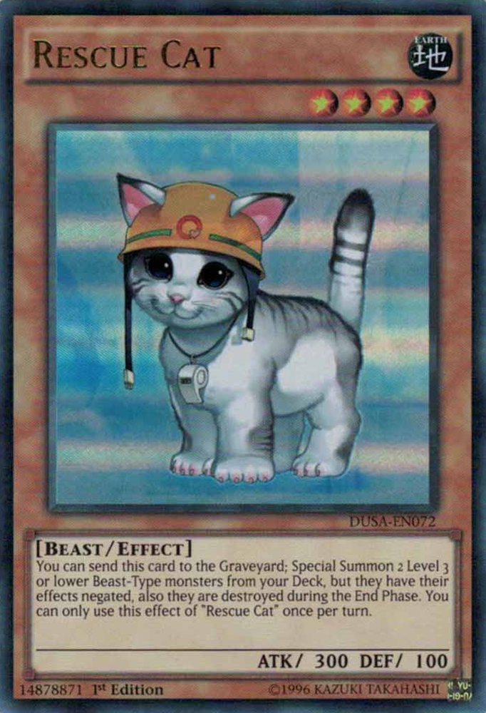 An Ultra Rare "Rescue Cat" card from the Yugioh Set: Duelist Saga.