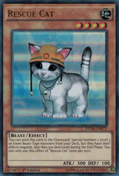 An Ultra Rare "Rescue Cat" card from the Yugioh Set: Duelist Saga.