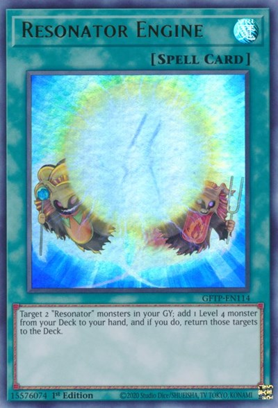An Ultra Rare "Resonator Engine" card from the Yugioh Set: Ghosts From the Past (GFTP).