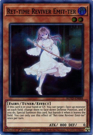 A Super Rare "Ret-Time Reviver Emit-Ter" card from the Yugioh Set: Rise of the Duelist.