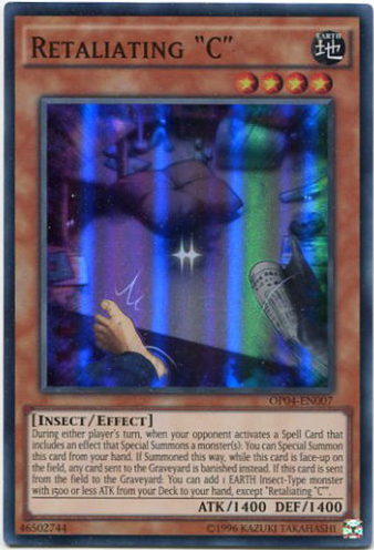  A Super Rare "Retaliating "C"" card from the Yugioh Set: The Infinity Chasers.