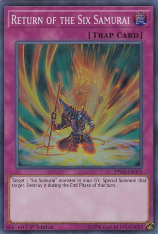 A Super Rare "Return of the Six Samurai" card from the Yugioh Set: Spirit Warriors (SPWA).