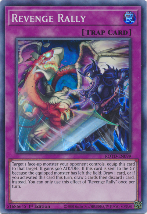 A Super Rare "Revenge Rally" card from the Yugioh Set: Rise of the Duelist (ROTD).