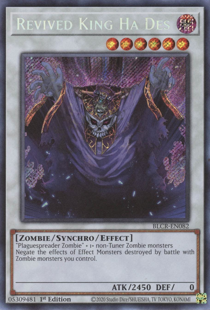 A Secret Rare "Revived King Ha Des" card from the Yugioh Set: Battles of Legend: Crystal Revenge.