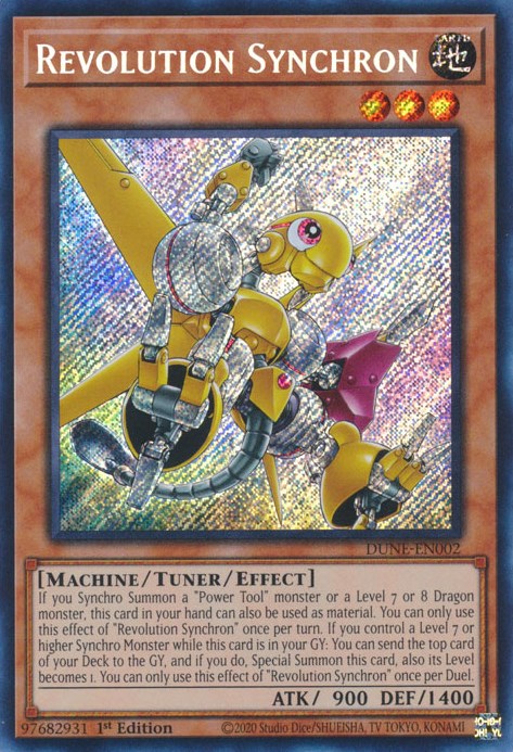 A Secret Rare "Revolution Synchron" card from the Yugioh Set: Duelist Nexus (DUNE).