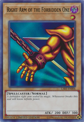 An Ultra Rare "Right Arm of the Forbidden One" card from the Yugioh Lost Art Promotion.