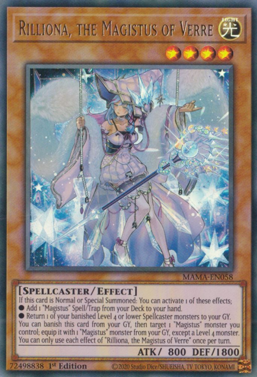 An Ultra Rare "Rilliona, the Magistus of Verre" card from the Yugioh Set: Magnificent Mavens (MAMA).