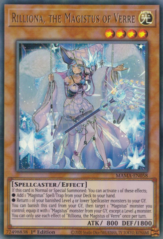 An Ultra Rare "Rilliona, the Magistus of Verre" card from the Yugioh Set: Magnificent Mavens (MAMA).