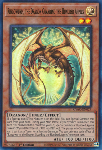 An Ultra Rare "Ringowurm, the Dragon Guarding the Hundred Apples" card from the Yugioh Set: Cyberstorm Access.