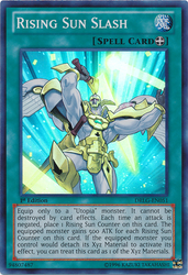 A Super Rare "Rising Sun Slash" card from the Yugioh Set: Dragons of Legend.