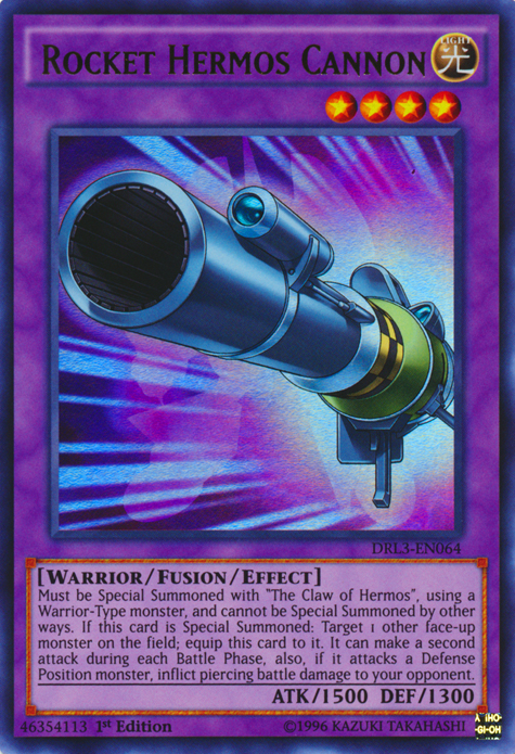 An Ultra Rare "Rocket Hermos Cannon" card from the Yugioh Set: Dragons of Legend Unleashed.