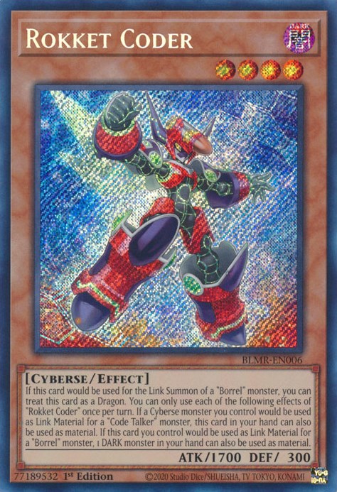 A Secret Rare "Rokket Coder" card from the Yugioh Set: Battles of Legend: Monstrous Revenge.