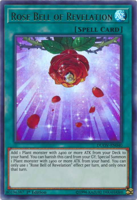  An Ultra Rare "Rose Bell of Revelation" card from the Yugioh Set: Duel Overload (DUOV).