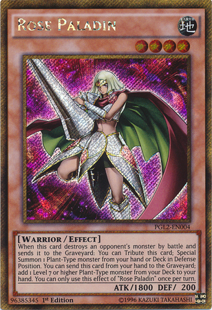 A Gold Secret Rare "Rose Paladin" card from the Yugioh Set: Premium Gold: Return of the Bling (PGL2).