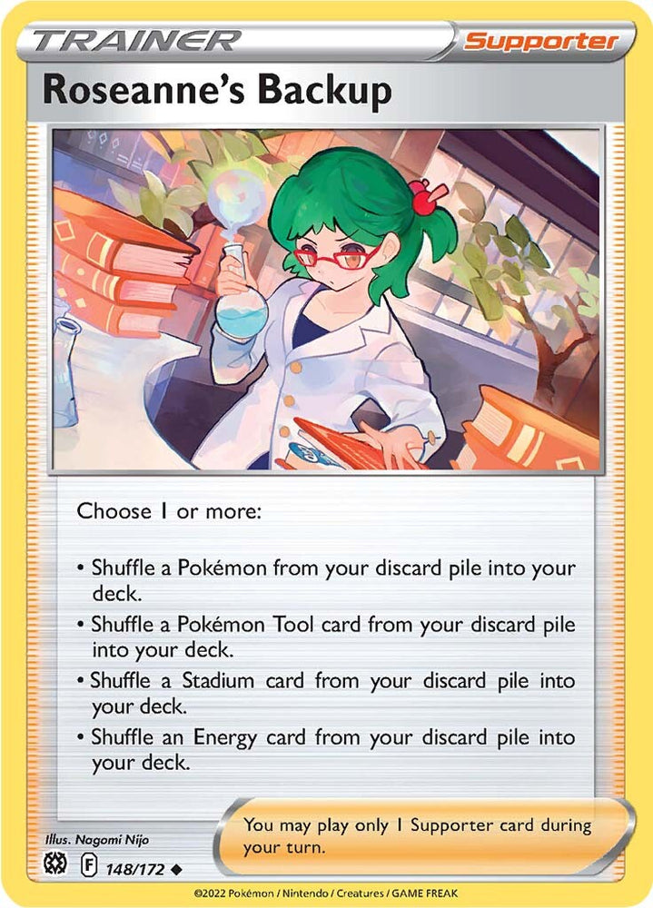 An Uncommon "Roseanne's Backup" (148/172) card from the Pokemon Set: Brilliant Stars.