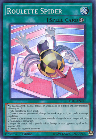 A Super Rare "Roulette Spider" card from the Yugioh Set: Dragons of Legend 2 (DRL2).