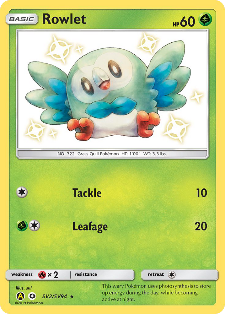 An Ultra Rare "Rowlet" (SV2/SV94) card from the Pokemon Set: Sun and Moon: Hidden Fates: Shiny Vault.