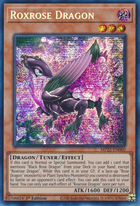 A Prismatic Secret Rare "Roxrose Dragon" card from the Yugioh 2022 Tin of the Pharaoh's Gods set (MP22).