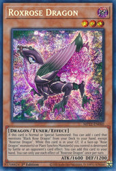 A Prismatic Secret Rare "Roxrose Dragon" card from the Yugioh 2022 Tin of the Pharaoh's Gods set (MP22).