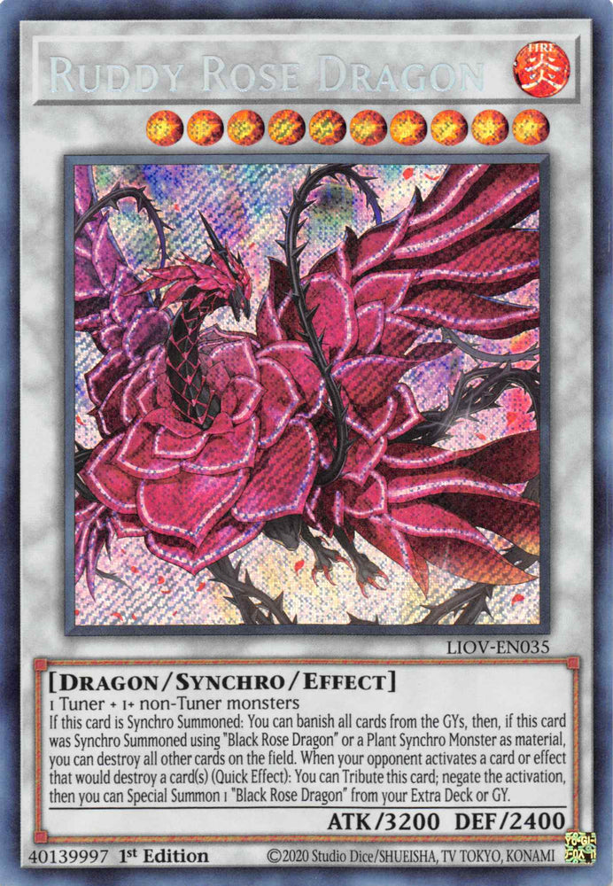 A Secret Rare "Ruddy Rose Dragon" card from the Yugioh Set: Lightning Overdrive.