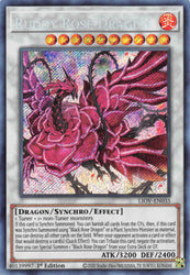 A Secret Rare "Ruddy Rose Dragon" card from the Yugioh Set: Lightning Overdrive.