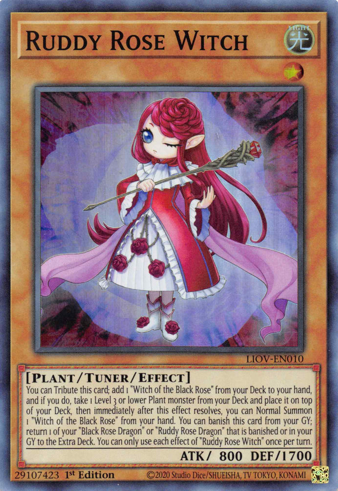  A Super Rare "Ruddy Rose Witch" card from the Yugioh Set: Lightning Overdrive.