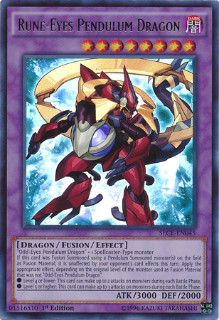 An Ultra Rare "Rune-Eyes Pendulum Dragon" card from the Yugioh Set: Secrets of Eternity (SECE). 