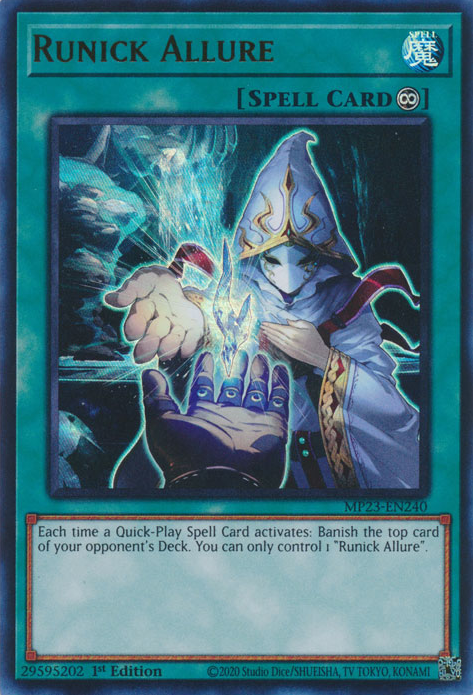 An Ultra Rare "Runick Allure" card from the Yugioh Dueling Heroes Mega-Tin Mega Pack.