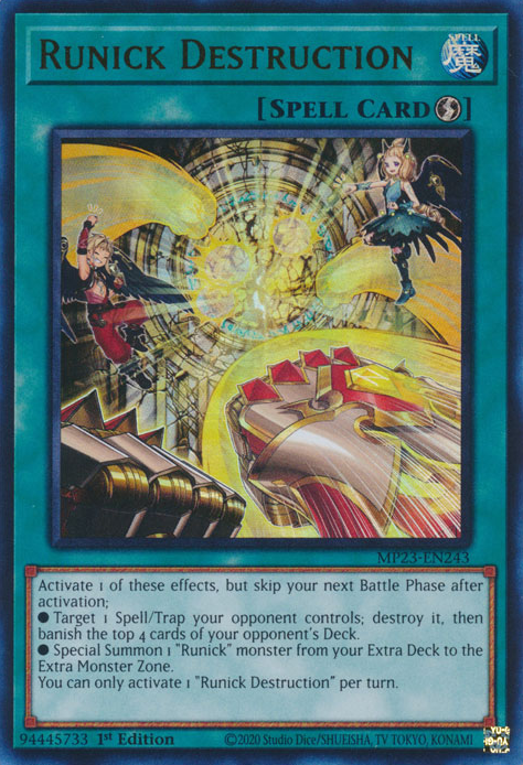 An Ultra Rare "Runick Destruction" card from the Yugioh Dueling Heroes Mega-Tin Mega Pack.