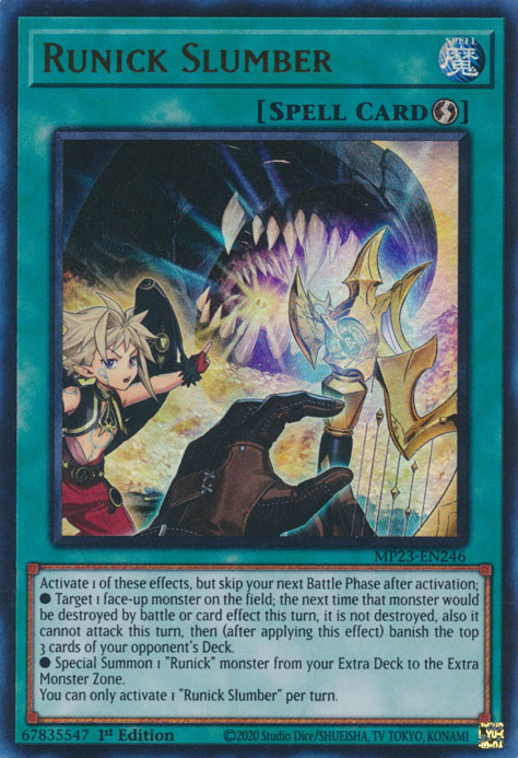 An Ultra Rare "Runick Slumber" card from the Yugioh 25th Anniversary Tin: Dueling Heroes set.