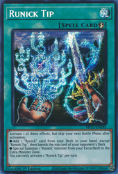 A Prismatic Secret Rare "Runick Tip" card from the Yugioh Set: 25th Anniversary Tin: Dueling Heroes Mega-Tin Mega Pack. 