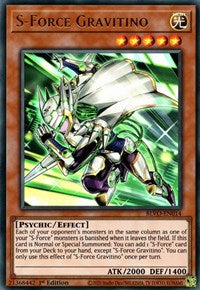 An Ultra Rare "S-Force Gravitino" card from the Yugioh Set: Blazing Vortex.