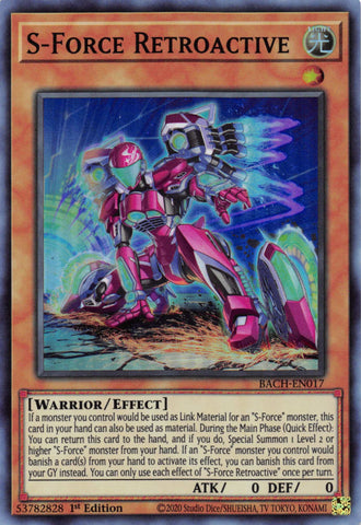  A Super Rare "S-Force Retroactive" card from the Yugioh Set: Battle of Chaos.