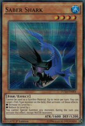 An Ultra Rare "Saber Shark" card from the Yugioh Set: Duelist Saga (DUSA). 
