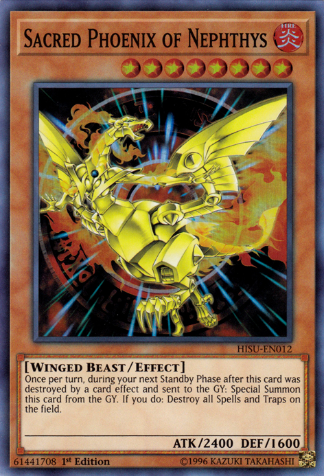 A Super Rare "Sacred Phoenix of Nephthys" card from the Yugioh Set: The Hidden Summoners (HISU).
