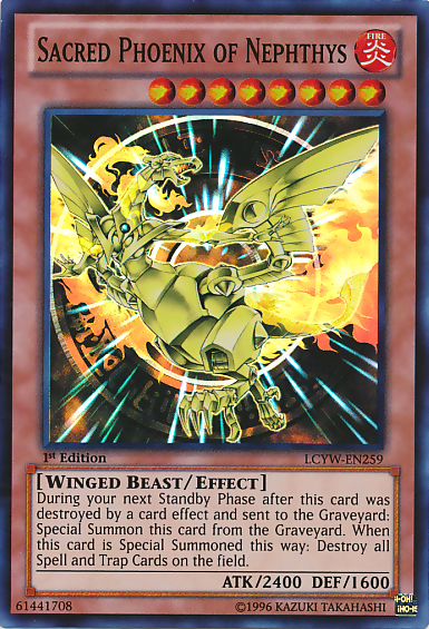 A Super Rare "Sacred Phoenix of Nephthys" card from the Yugioh Set: Legendary Collection 3: Yugi's World (LCYW).