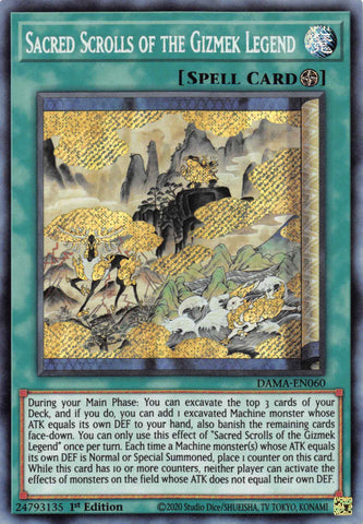  A Secret Rare "Sacred Scrolls of the Gizmek Legend" card from the Yugioh Set: Dawn of Majesty (DAMA).